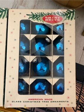 Shiny Brite Blue Glass Christmas Tree Ornaments - Set of 12
